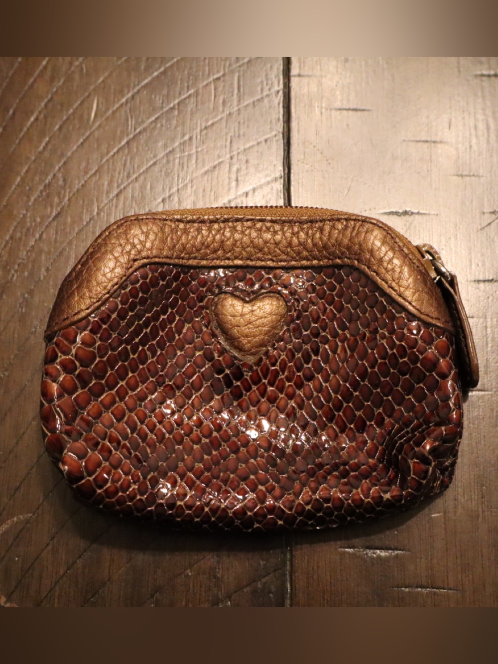 Brighton Brown and Gold Snake-Embossed Leather Coin Pouch